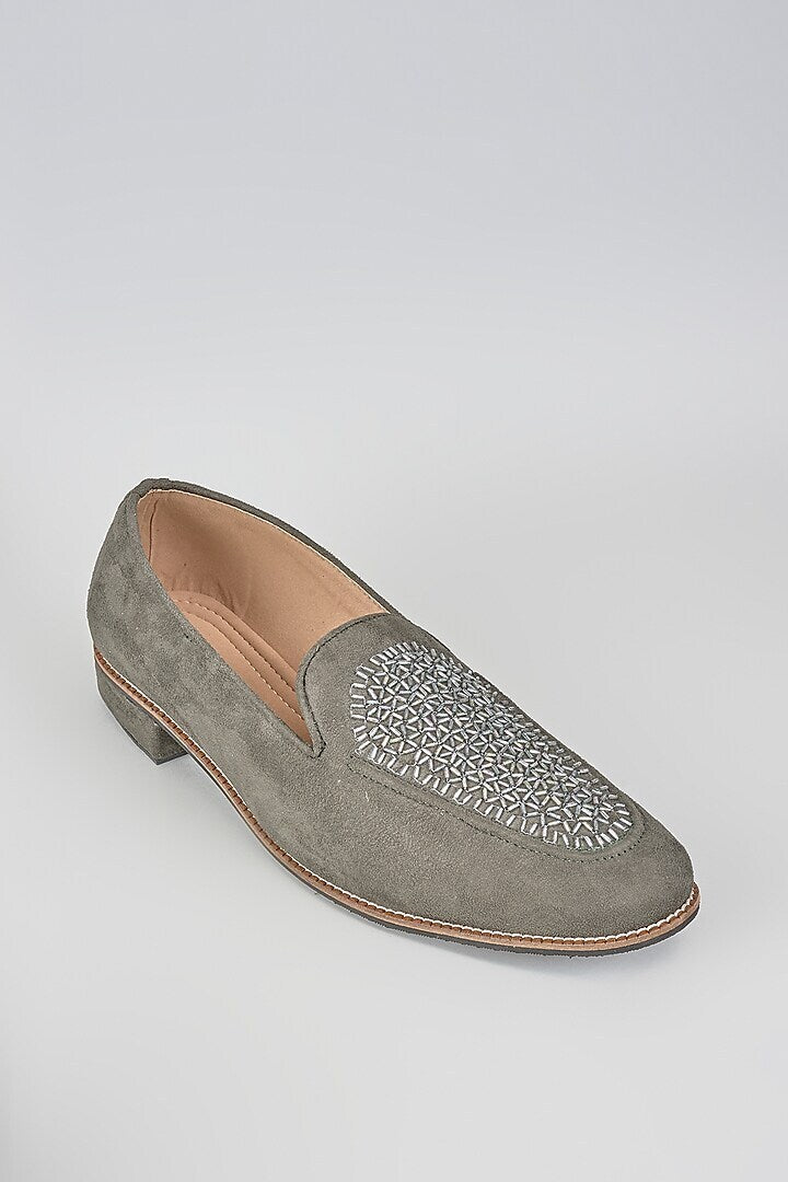 Grey Velvet Loafers with Beaded Embroidery
