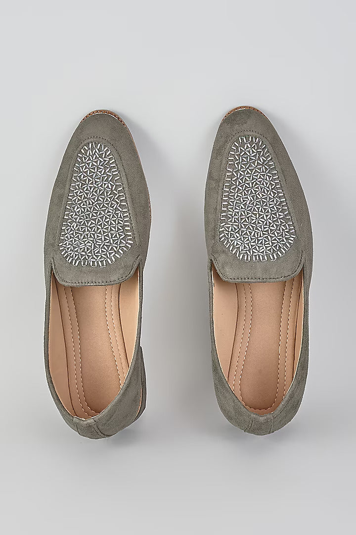 Grey Velvet Loafers with Beaded Embroidery