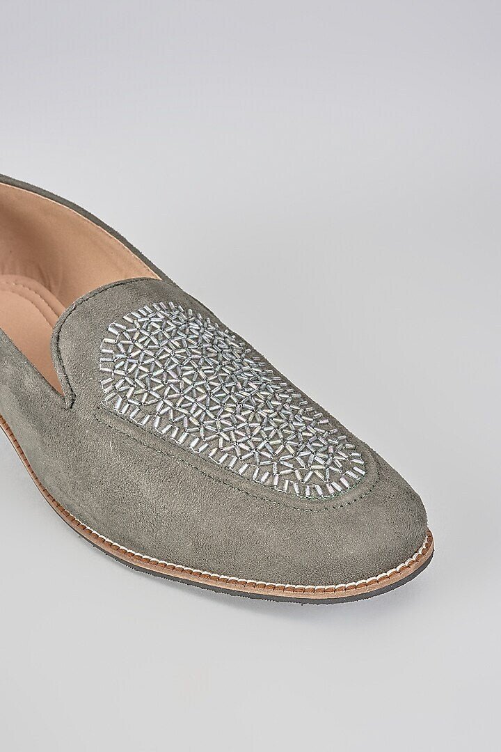 Grey Velvet Loafers with Beaded Embroidery
