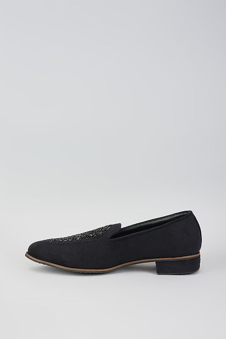 Black Velvet Loafers with Beaded Embroidery