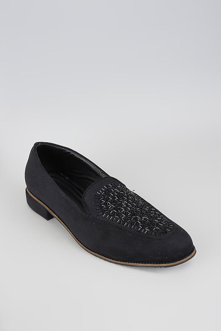 Black Velvet Loafers with Beaded Embroidery