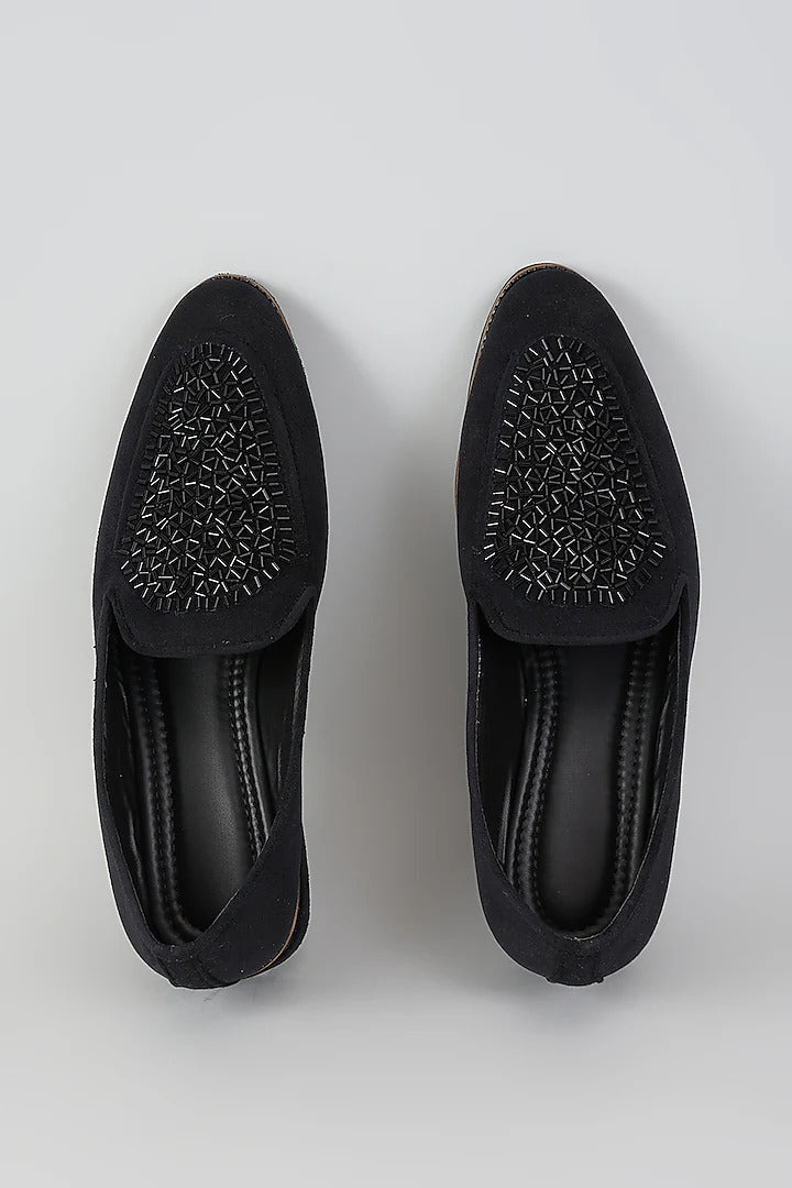 Black Velvet Loafers with Beaded Embroidery