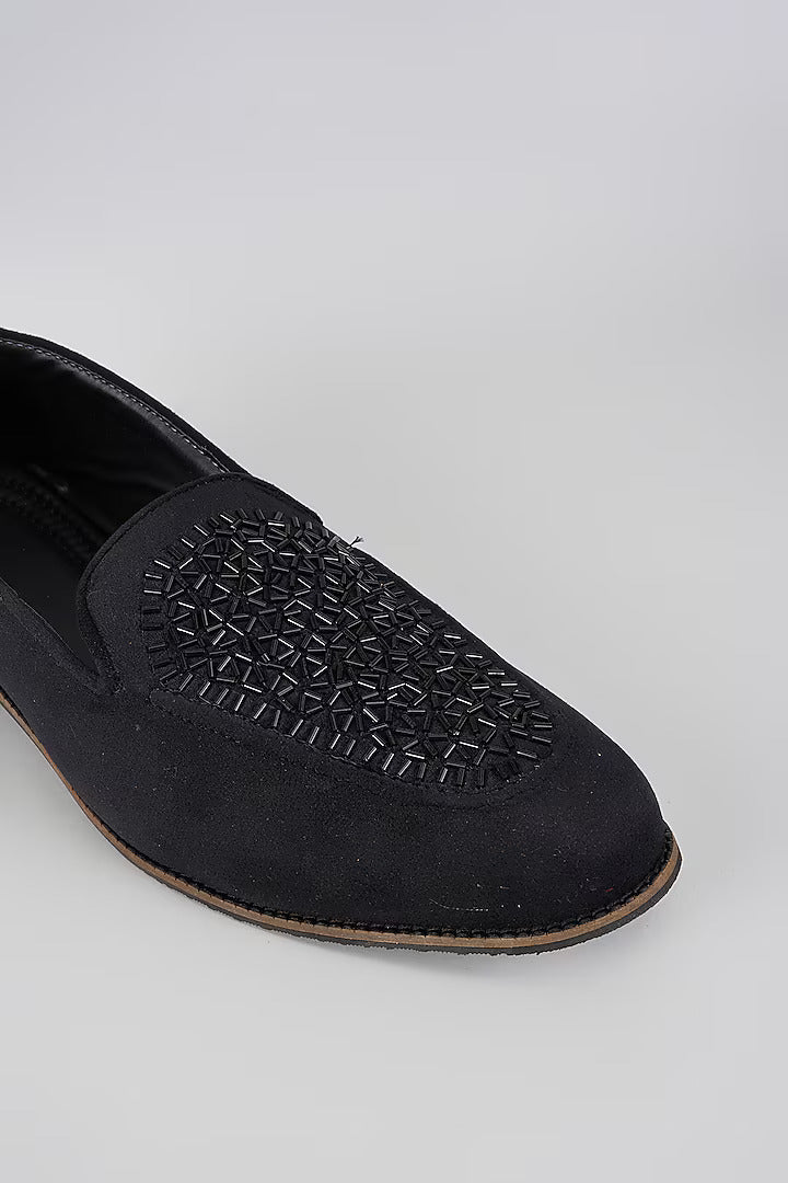 Black Velvet Loafers with Beaded Embroidery