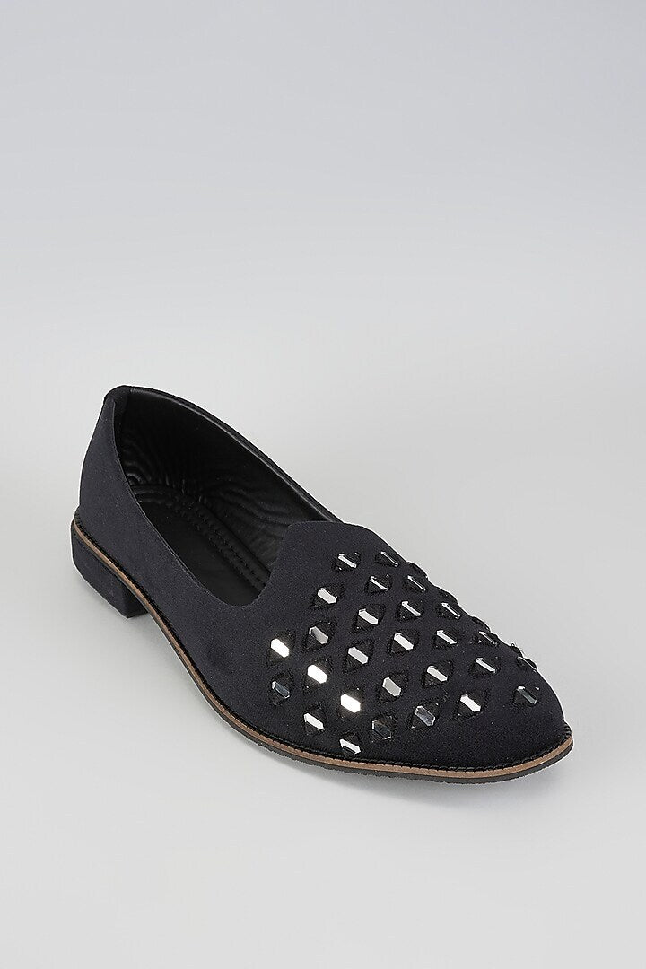 Black Velvet Loafers with Mirror Embroidery