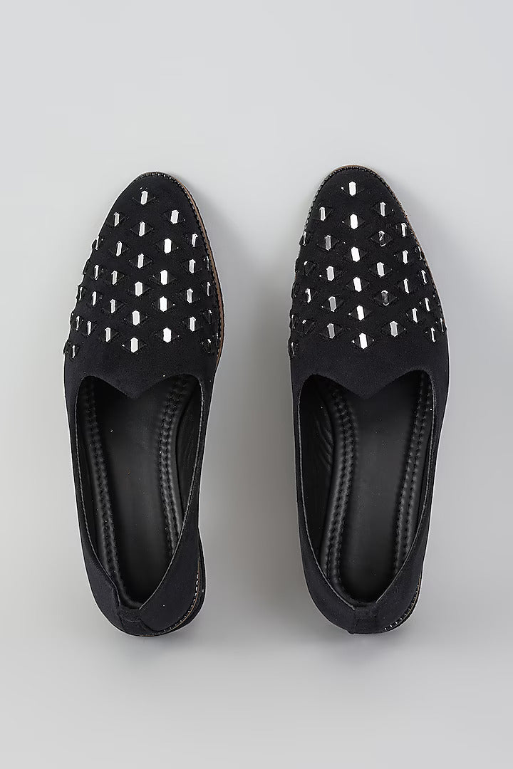 Black Velvet Loafers with Mirror Embroidery