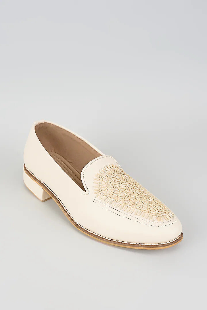 Off White Velvet Loafers with Beaded Embroidery