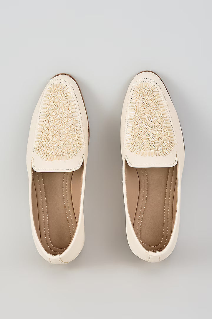 Off White Velvet Loafers with Beaded Embroidery