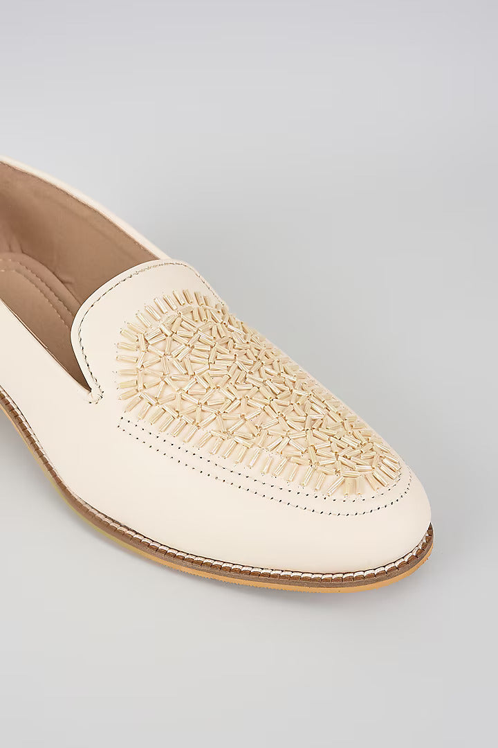 Off White Velvet Loafers with Beaded Embroidery
