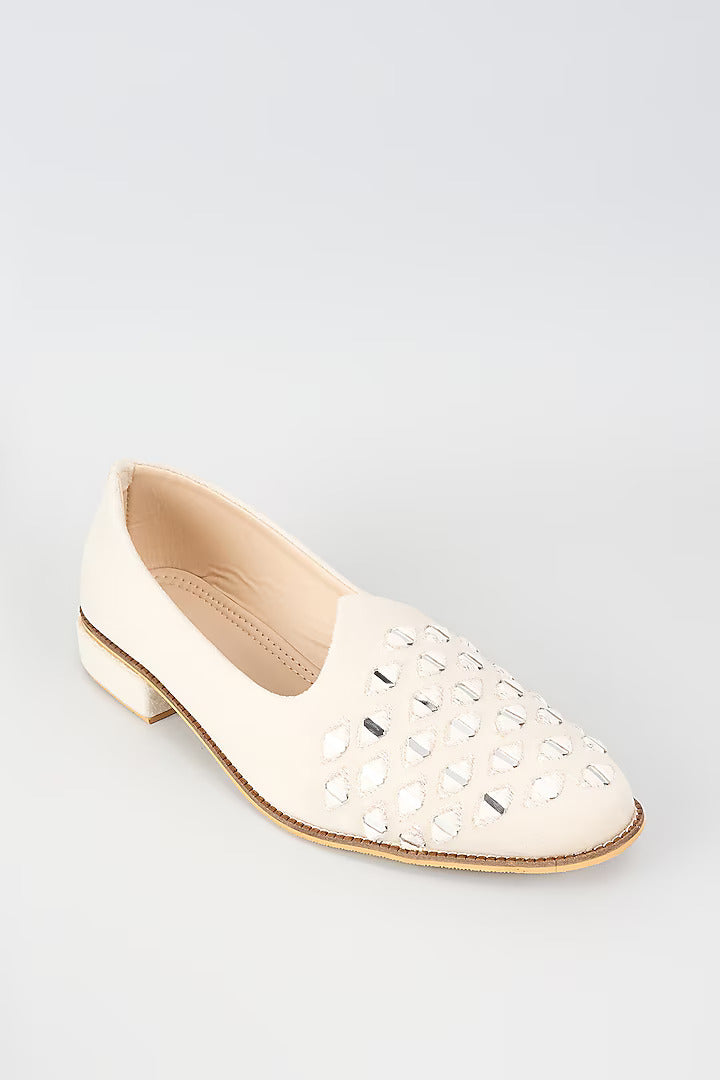 Off White Velvet Loafers with Mirror Embroidery