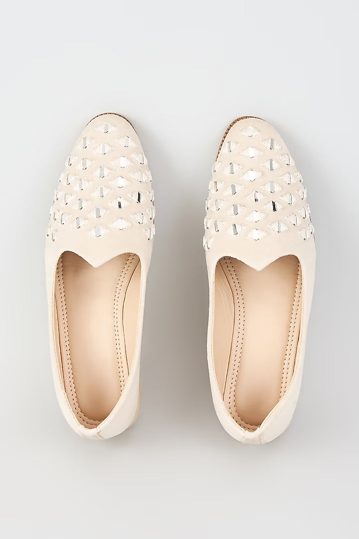 Off White Velvet Loafers with Mirror Embroidery