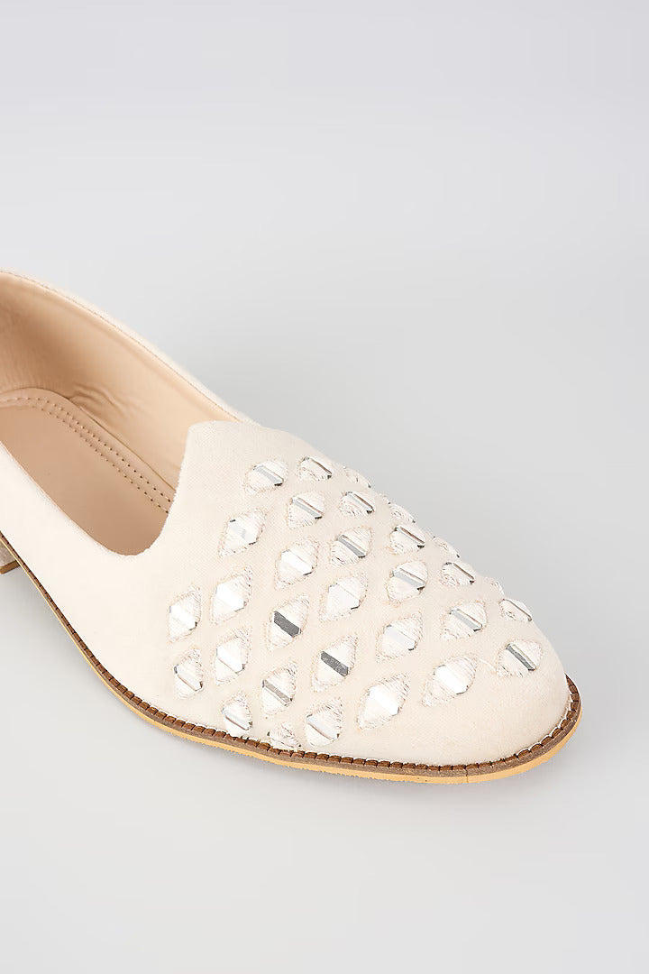 Off White Velvet Loafers with Mirror Embroidery