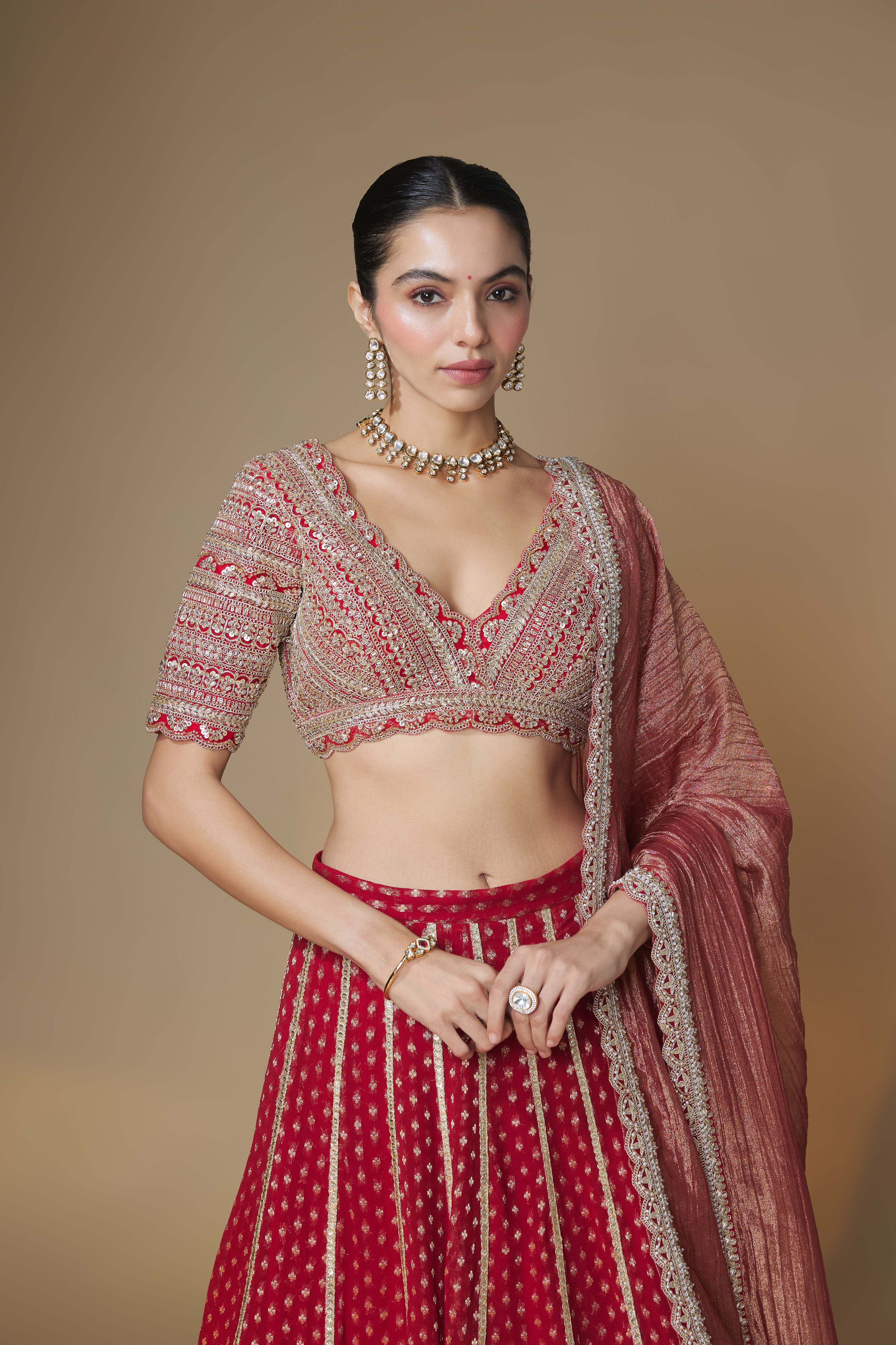 Red benarasi lehenga and embroidered blouse set