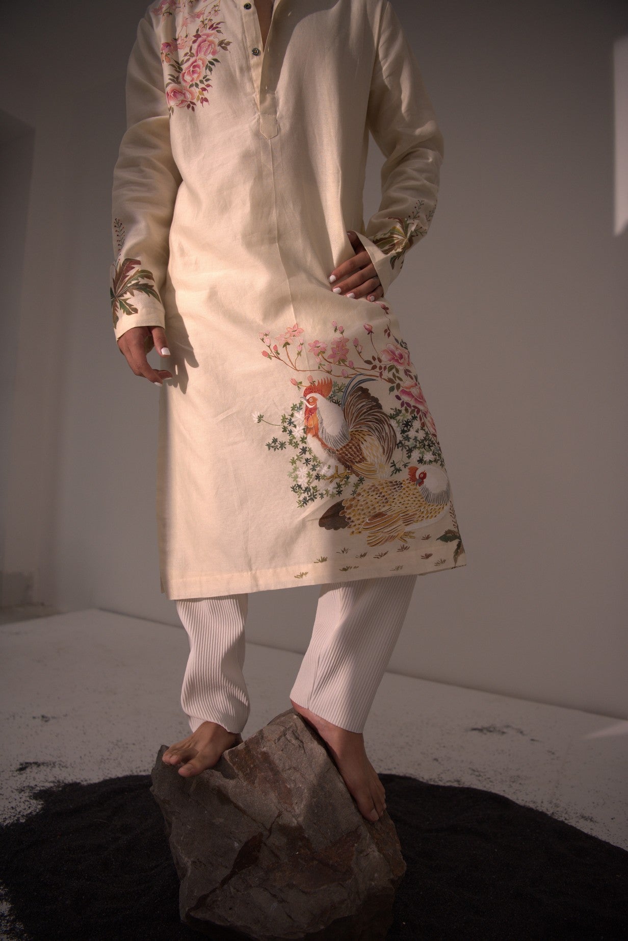 Chanderi Ivory Rooster Call Kurta With Pants