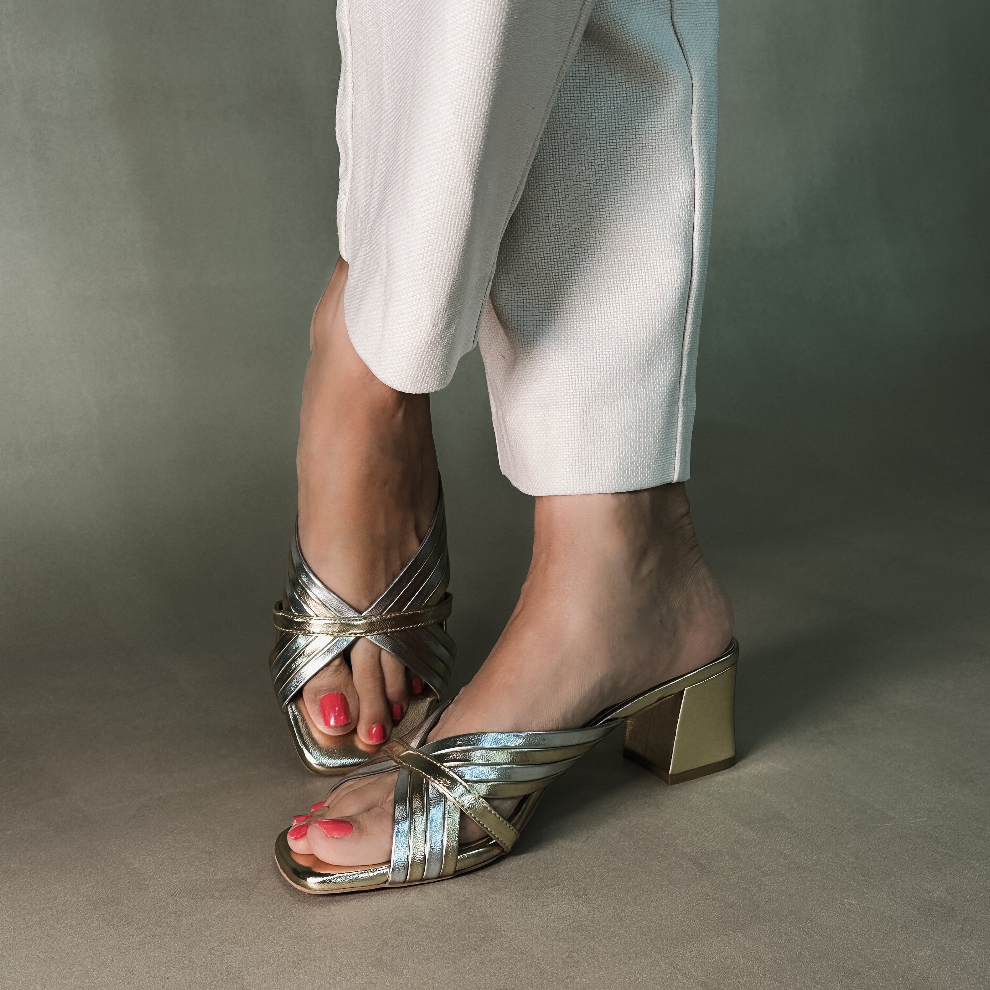 SPENTA- GOLD SILVER BLOCK HEELS
