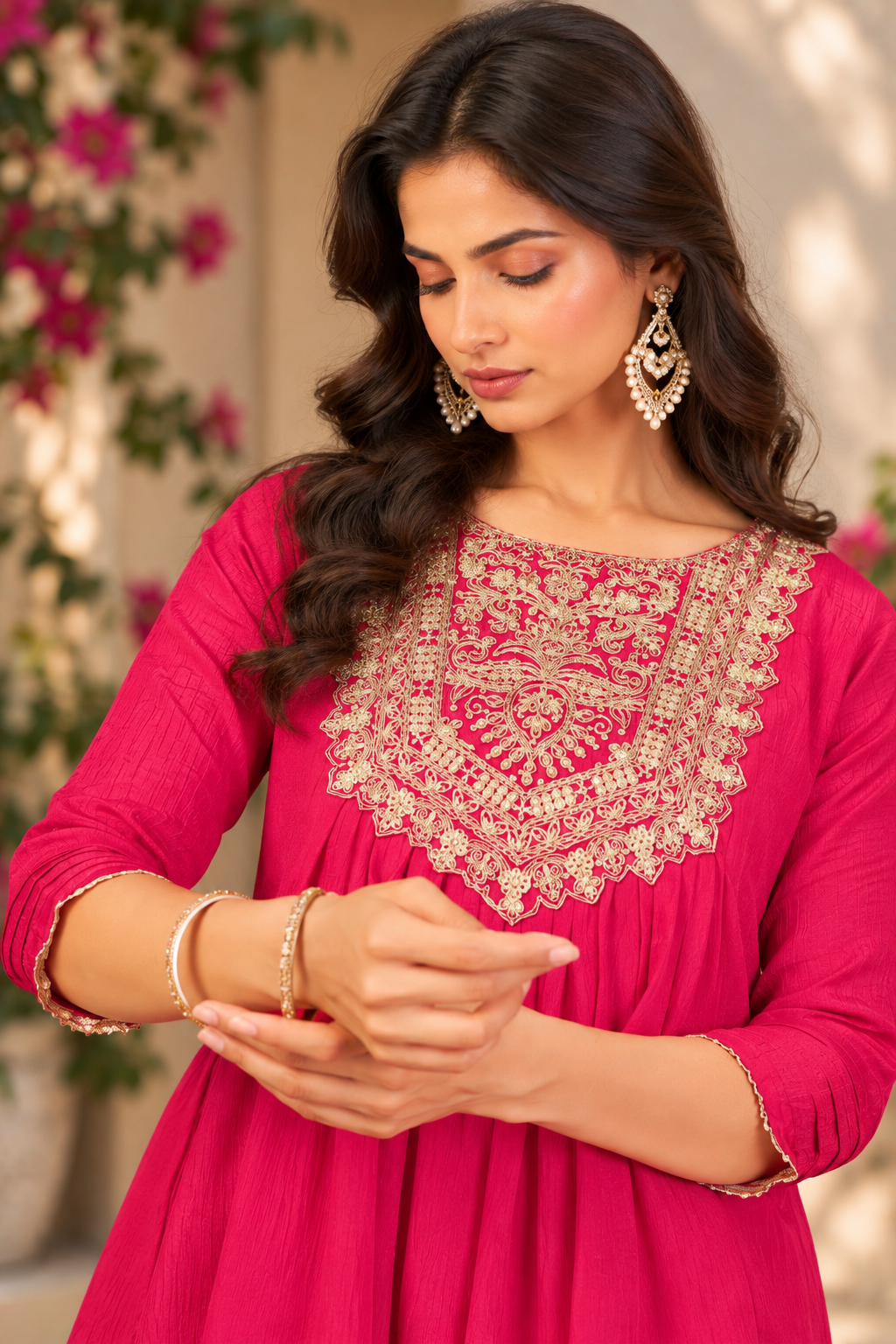 Women Rani Silk Embroidery Kurta Set