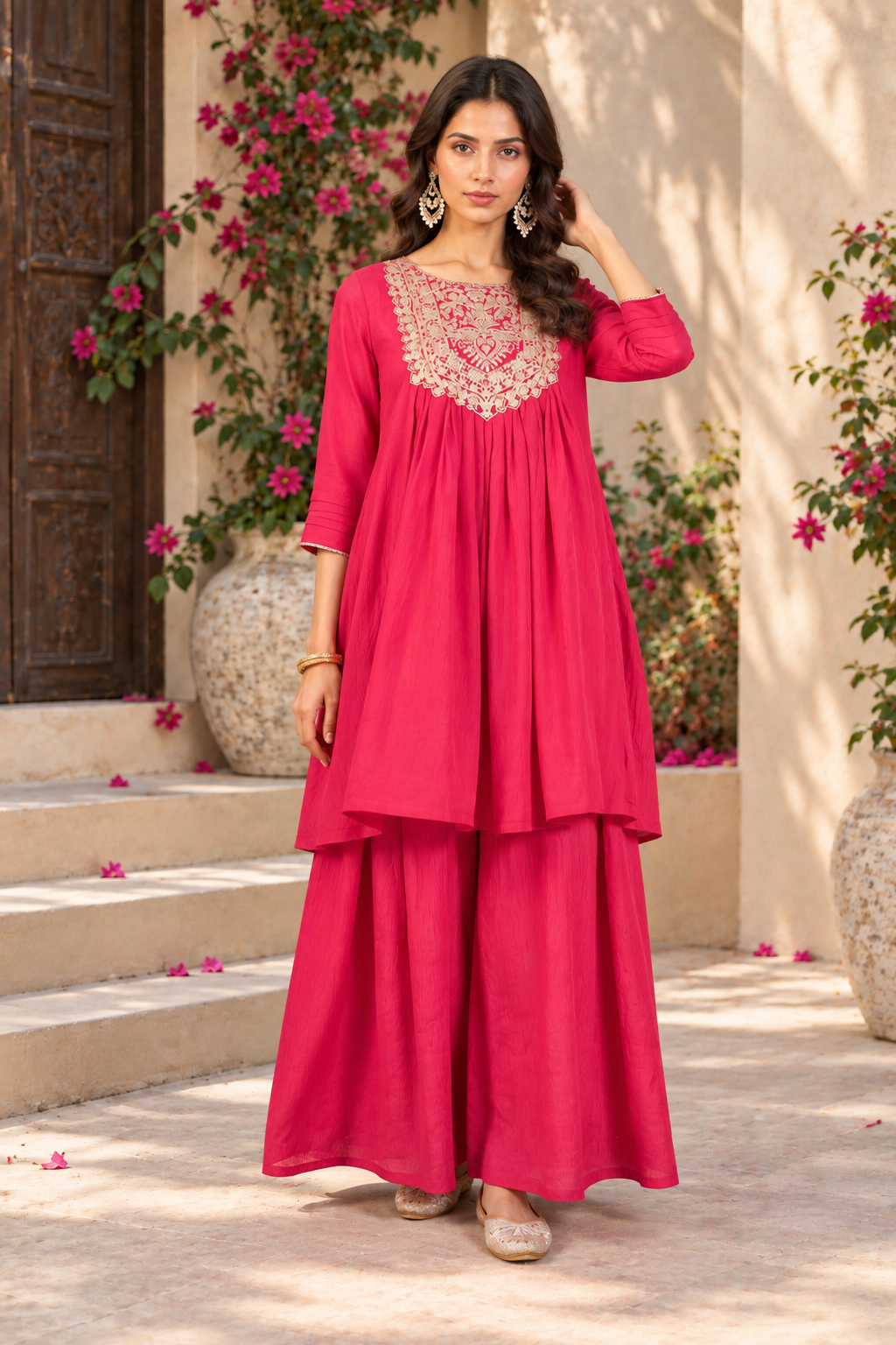 Women Rani Silk Embroidery Kurta Set