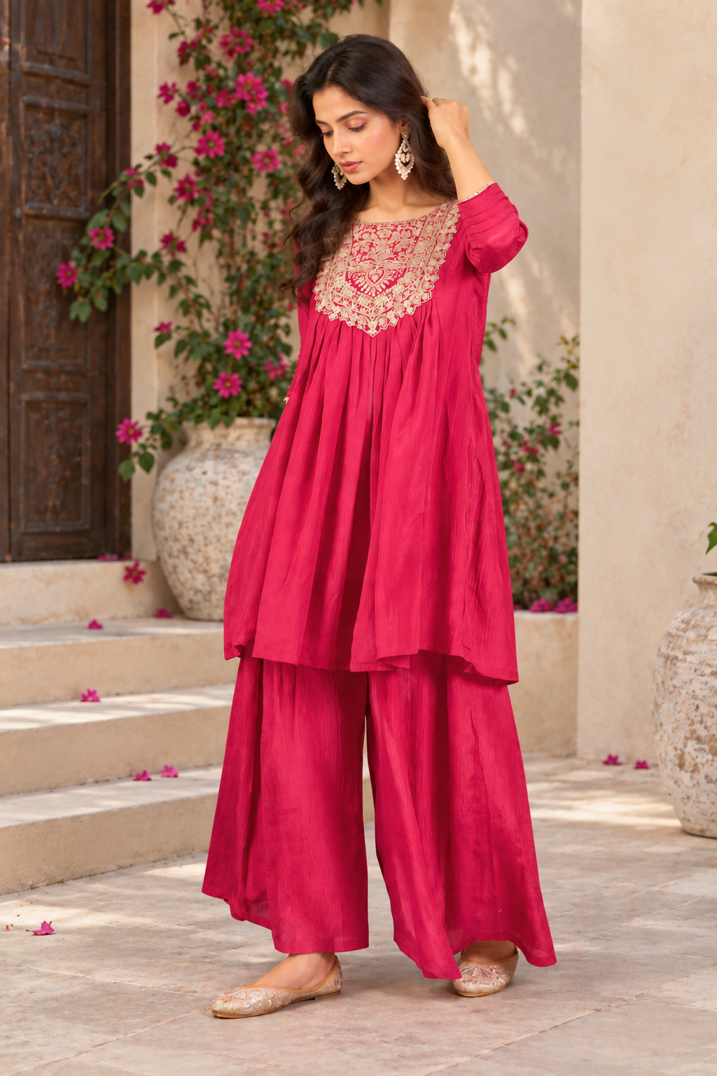 Women Rani Silk Embroidery Kurta Set