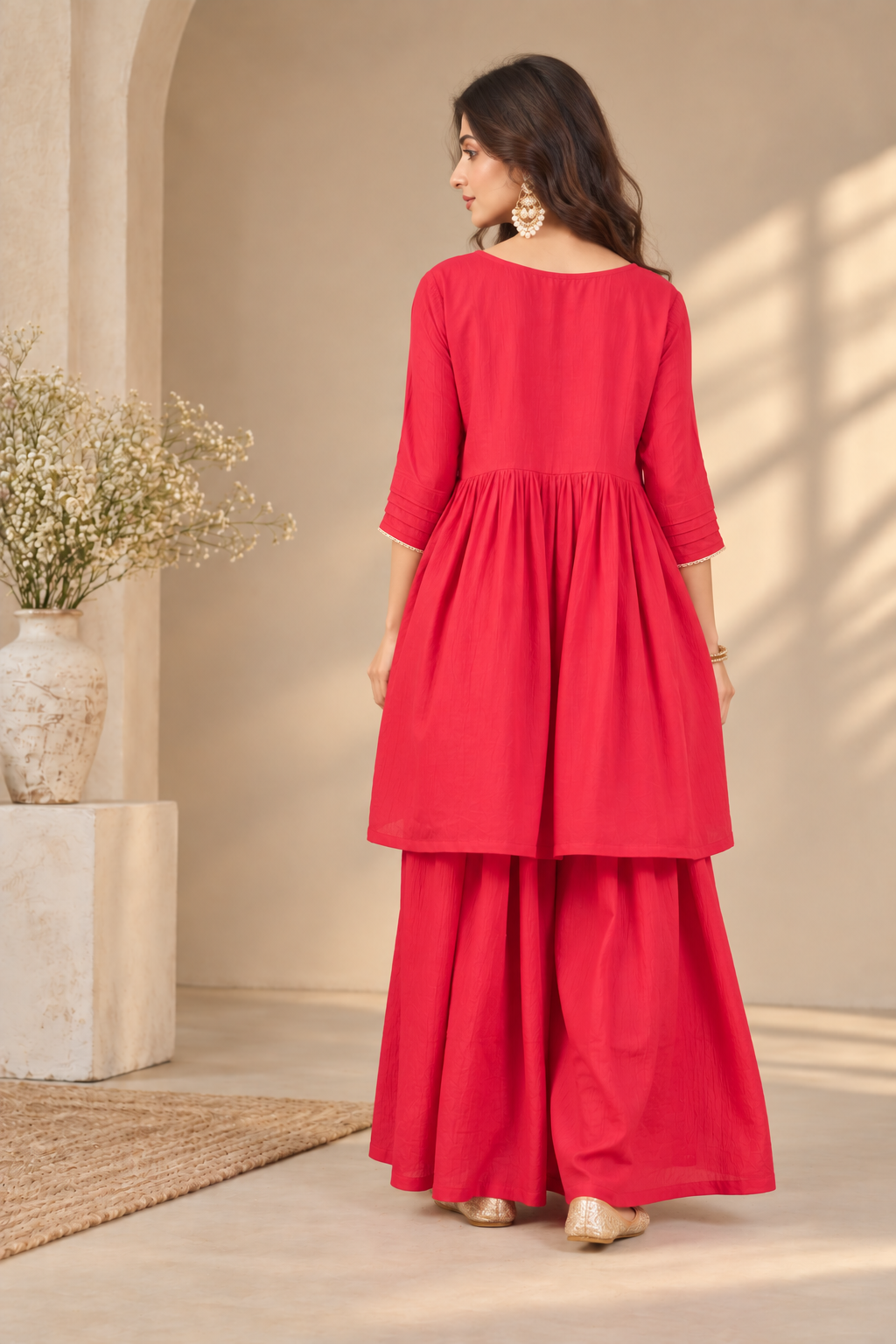 Women Red Silk Embroidery Kurta Set