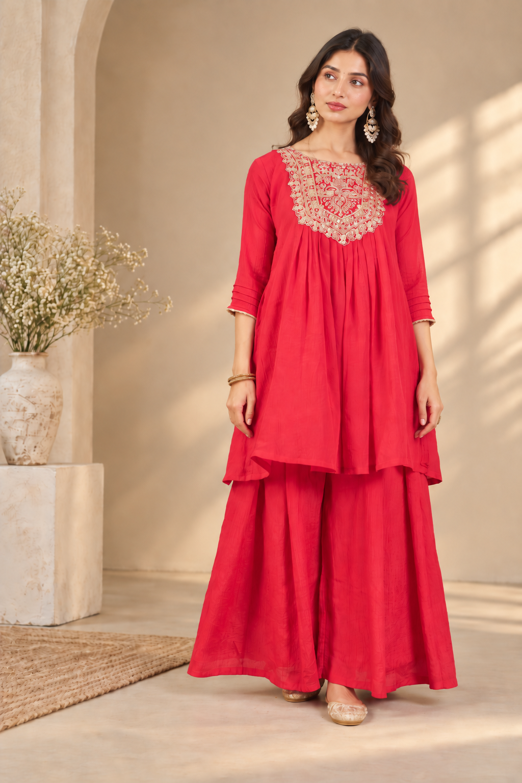 Women Red Silk Embroidery Kurta Set