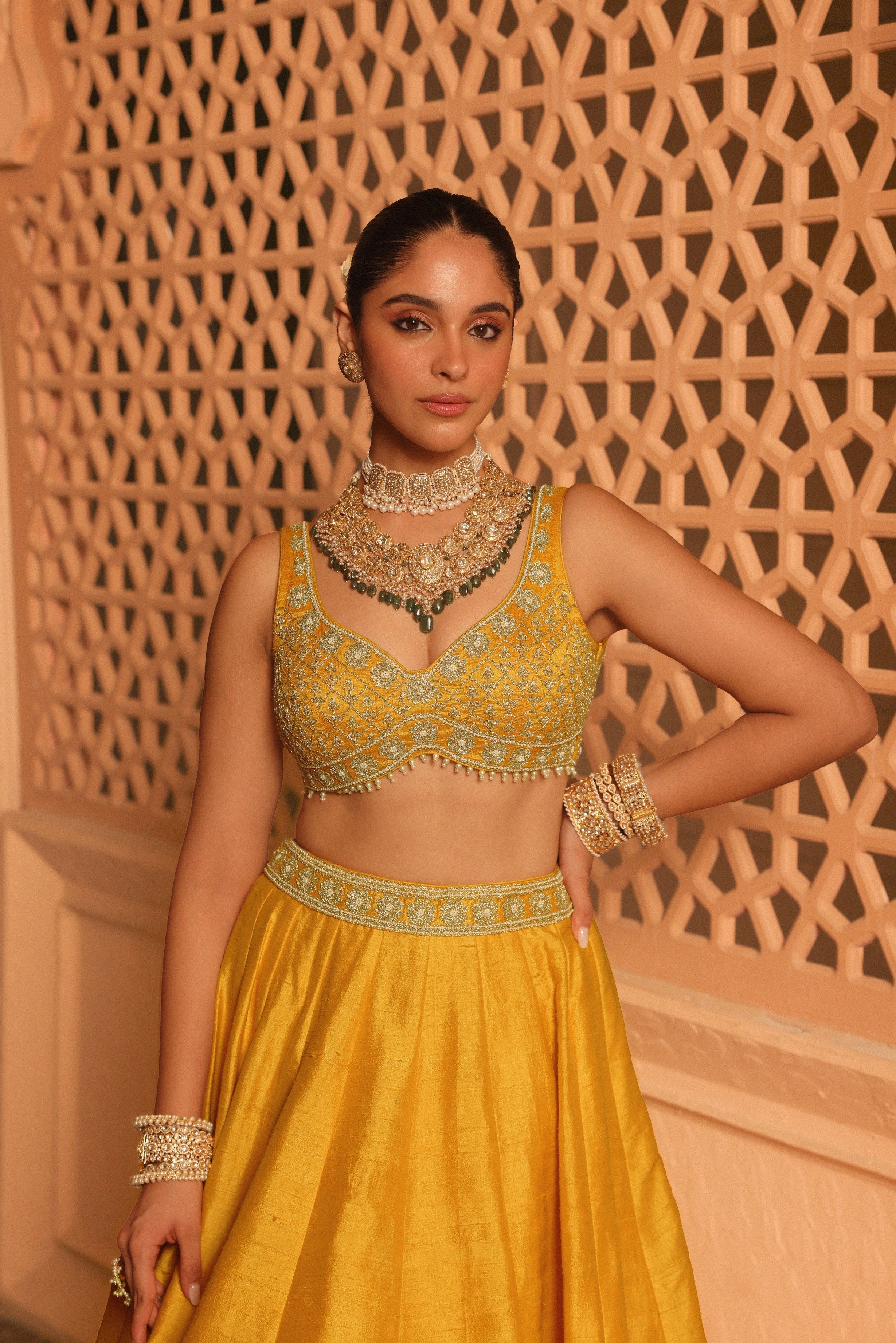 Mazhum - Mustard Lehenga with Blouse and Dupatta