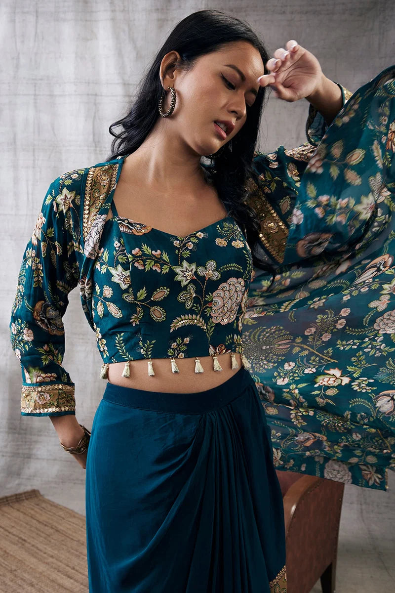 MEHR PRINTED DRAPE SKIRT SET WITH JACKET