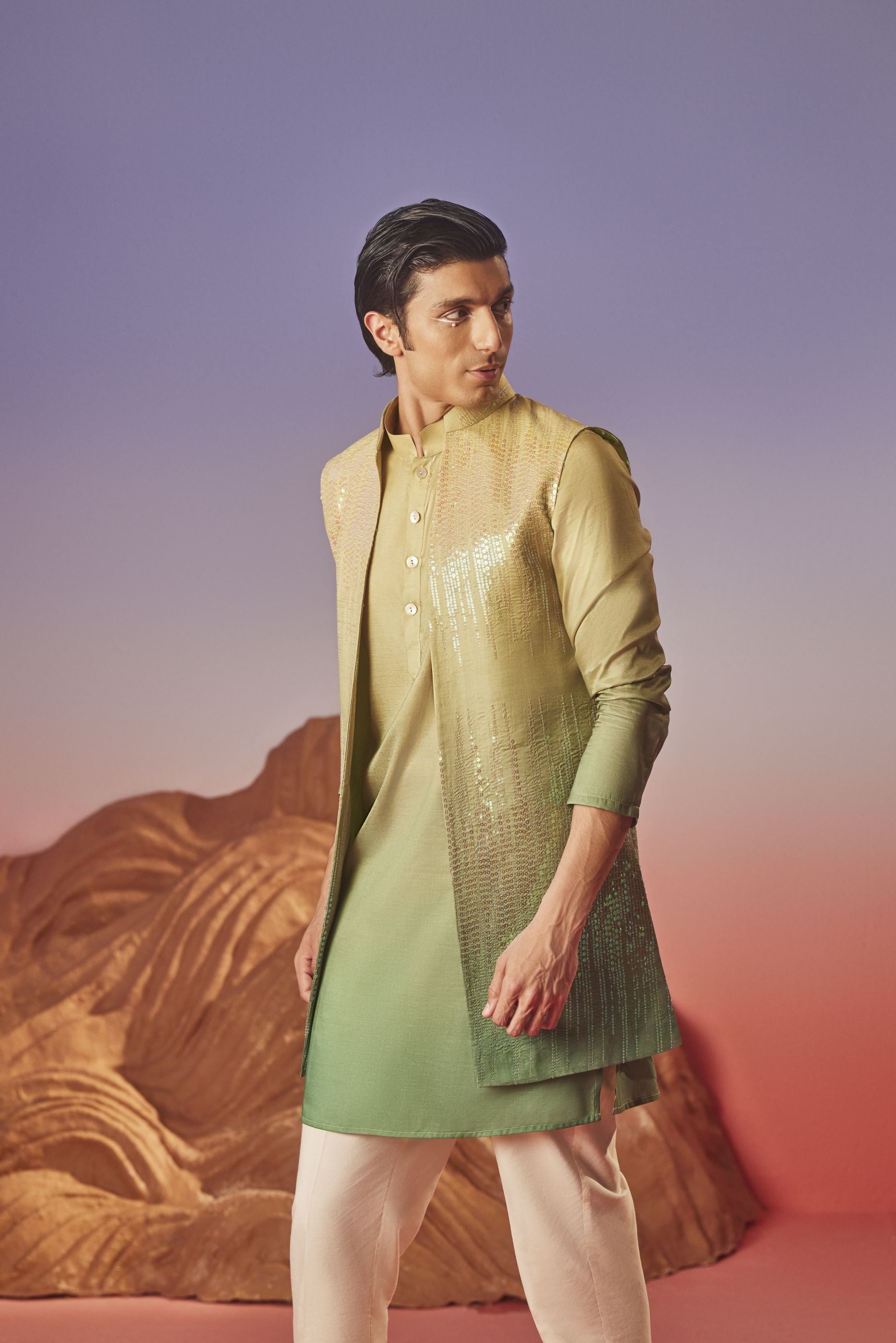Noorani - Silk Embroidery Nehru Jacket Set