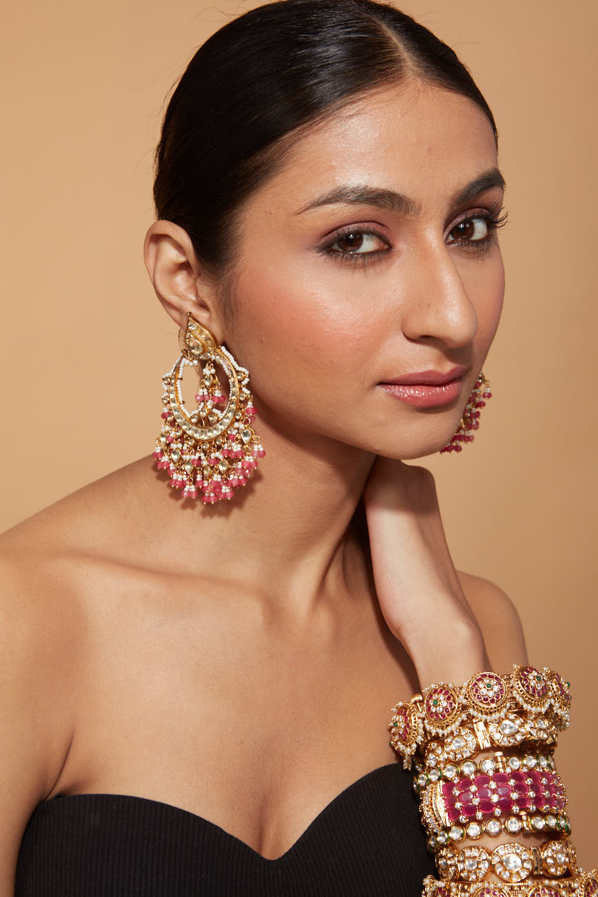 Gold Plated Kundan Studded Pink Bead Drop Chaandbali Earrings
