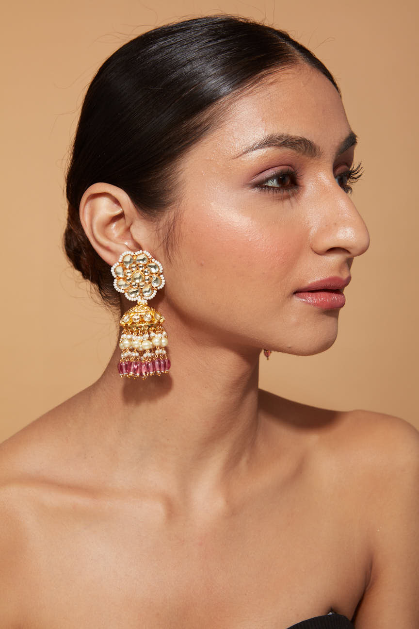 Gold Plated Kundan Polki Studded Pink Bead Drop Jhumka Earrings