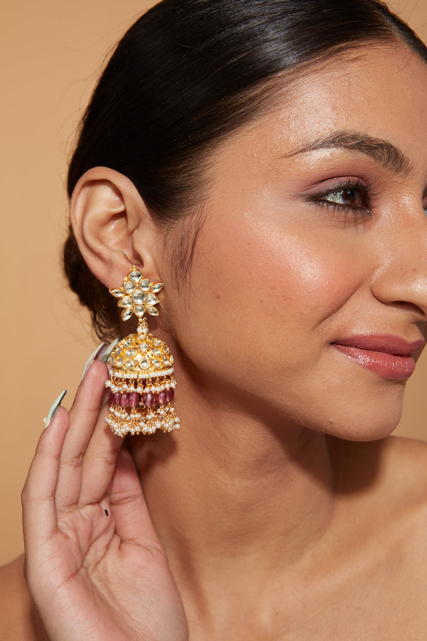 Gold Plated Kundan With Beads Drop Jhumka Earrings