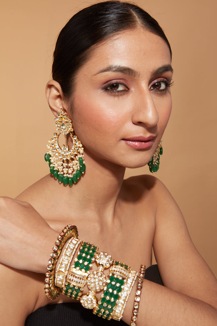 Gold Plated Kundan With Green Bead Drop Chaandbali Earrings