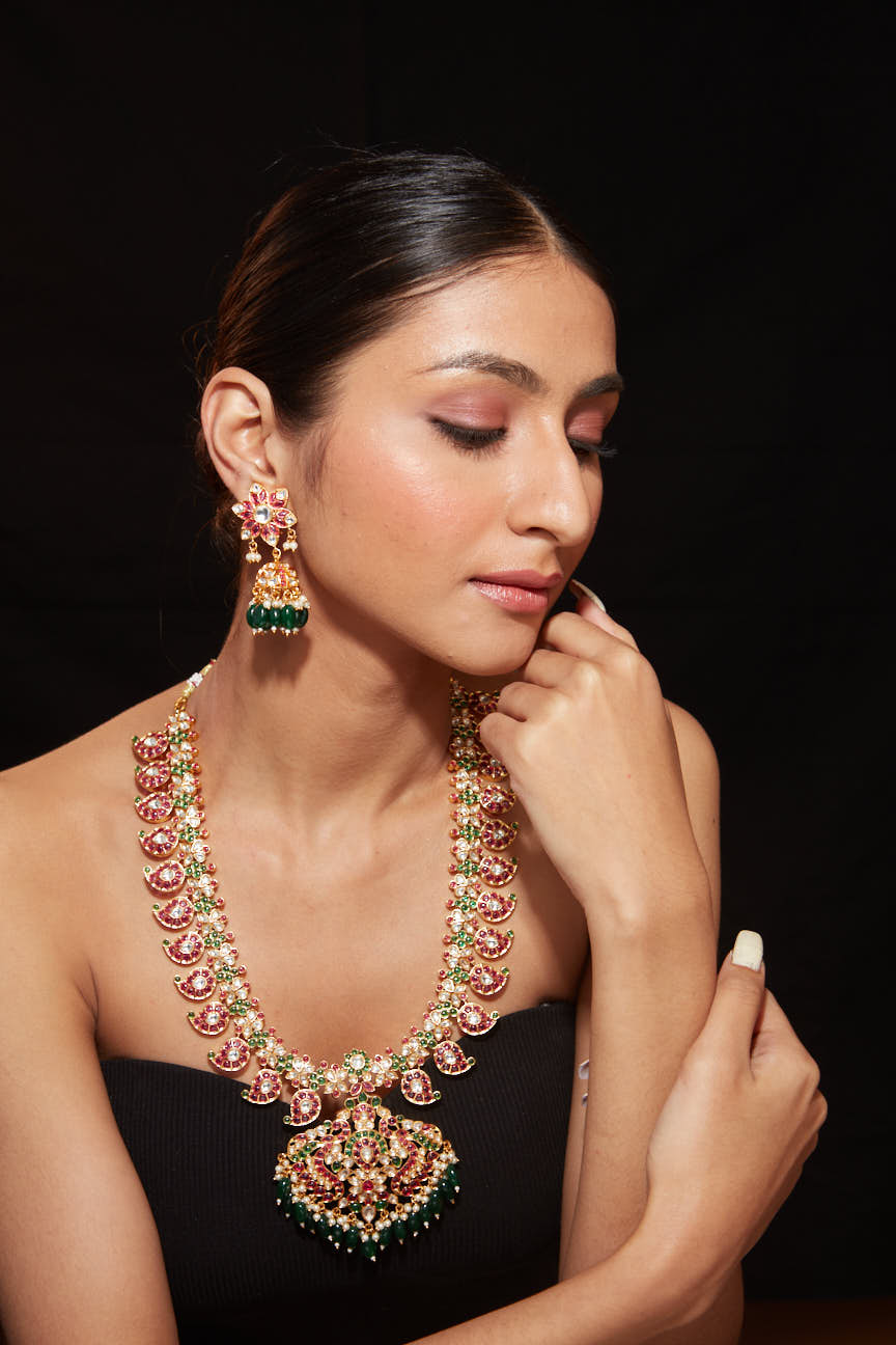 Gold Plated Multi Colour Enamelled Long Necklace & Jhumka Earrings