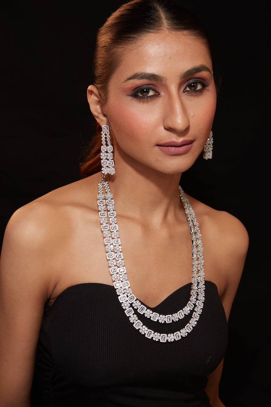 Rhodium Plated Zircon Studded Double Layer Long Necklace & Drop Earrings Set