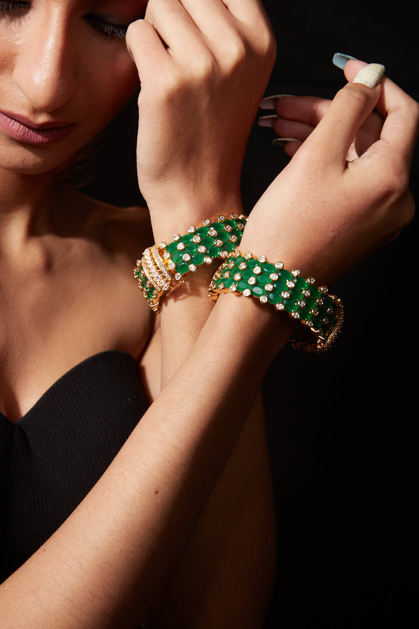 Gold Plated Kundan With Zircon Studded Green Synthetic Stone Bangles, Set of 2