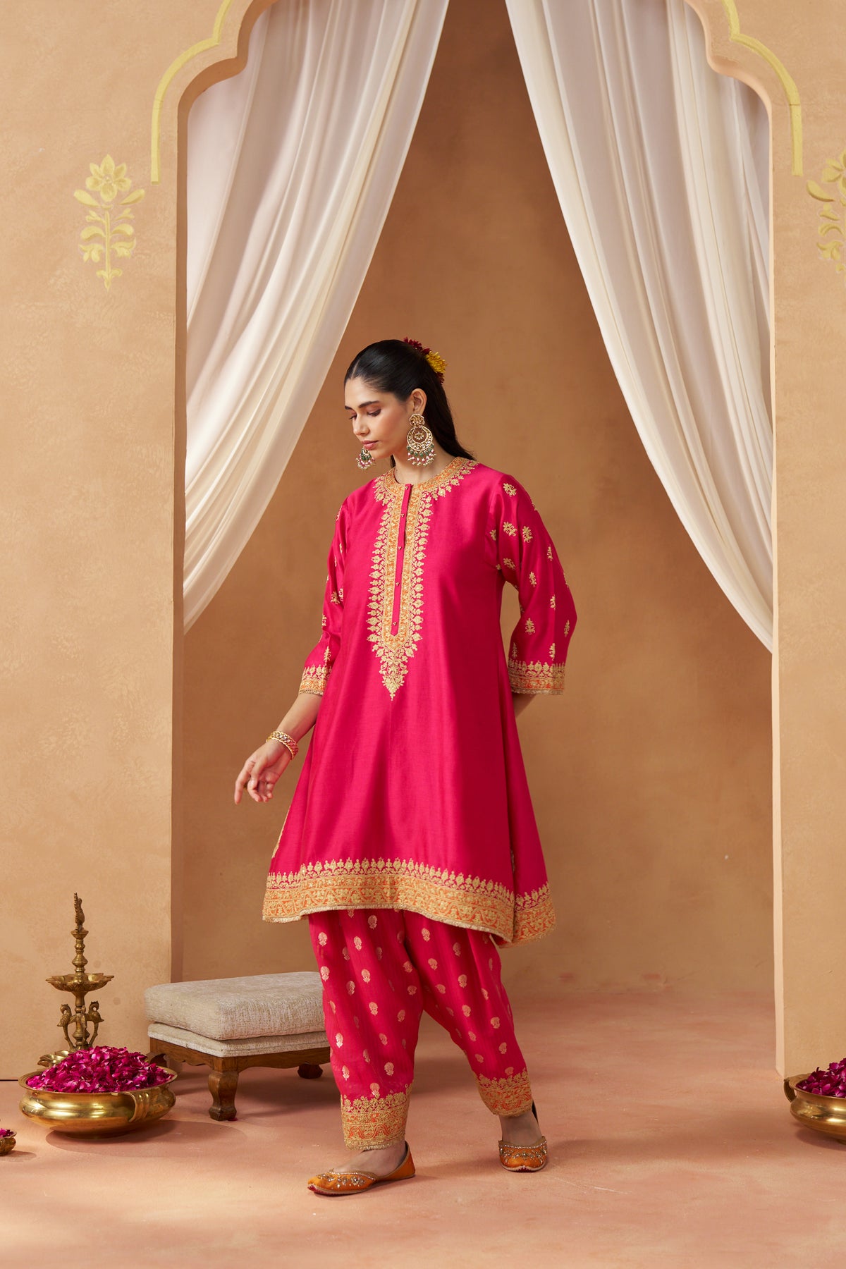 Zeenal Hotpink A-Line Kaaftan with Salwar and Dupatta