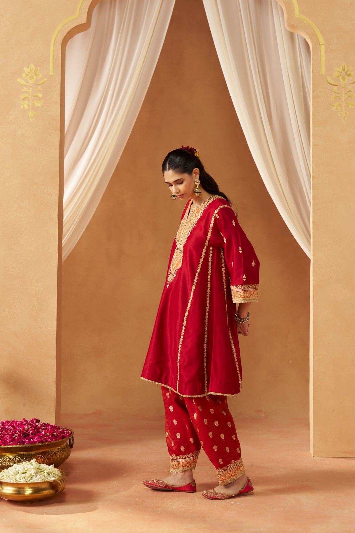 Maahgul Deep Red Kalidaar Chauga with Salwar and Dupatta