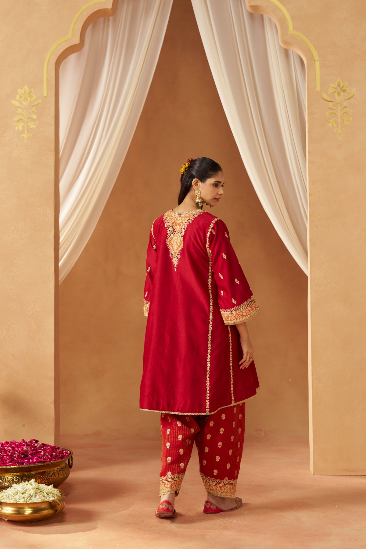 Maahgul Deep Red Kalidaar Chauga with Salwar and Dupatta