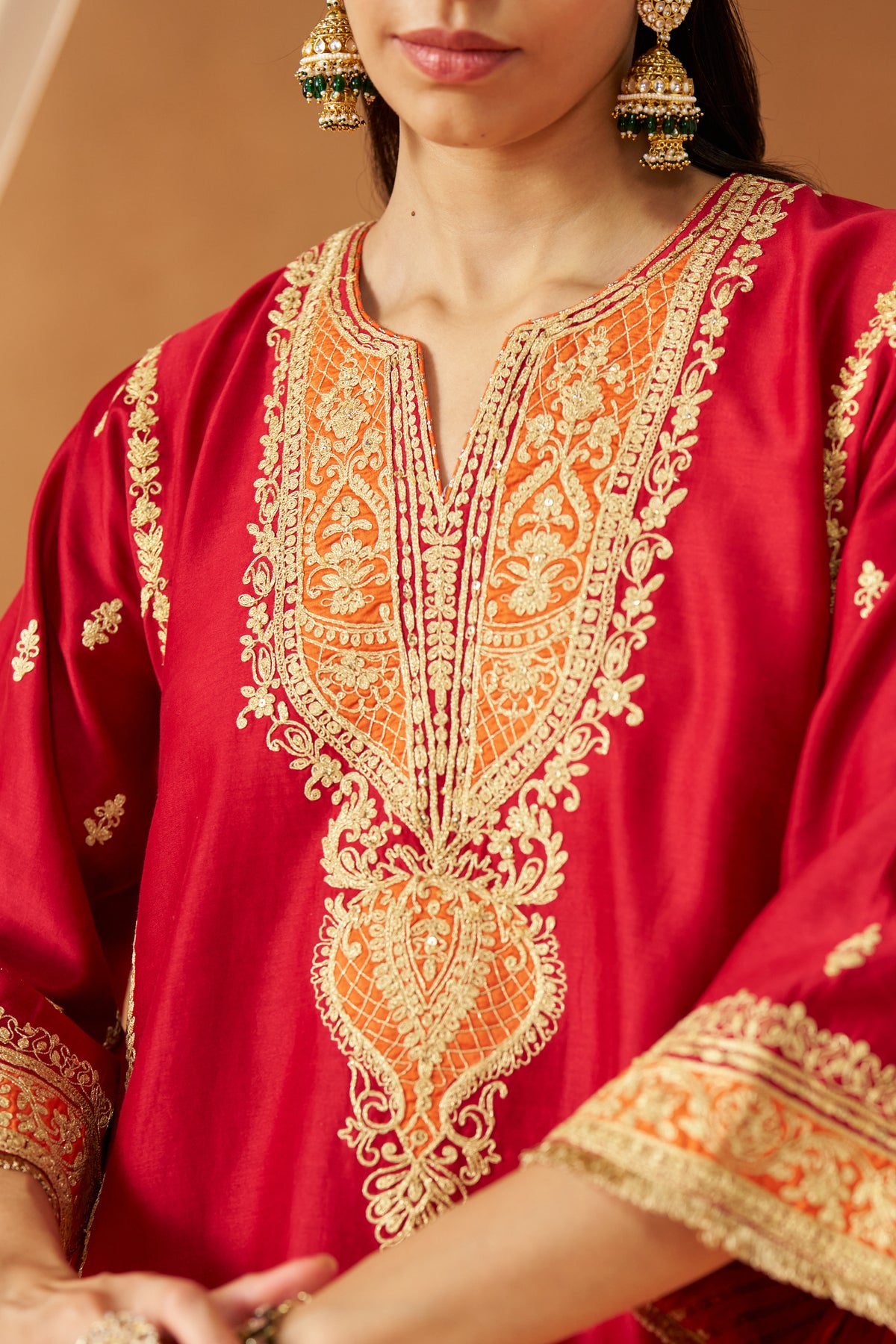Maahgul Deep Red Kalidaar Chauga with Salwar and Dupatta