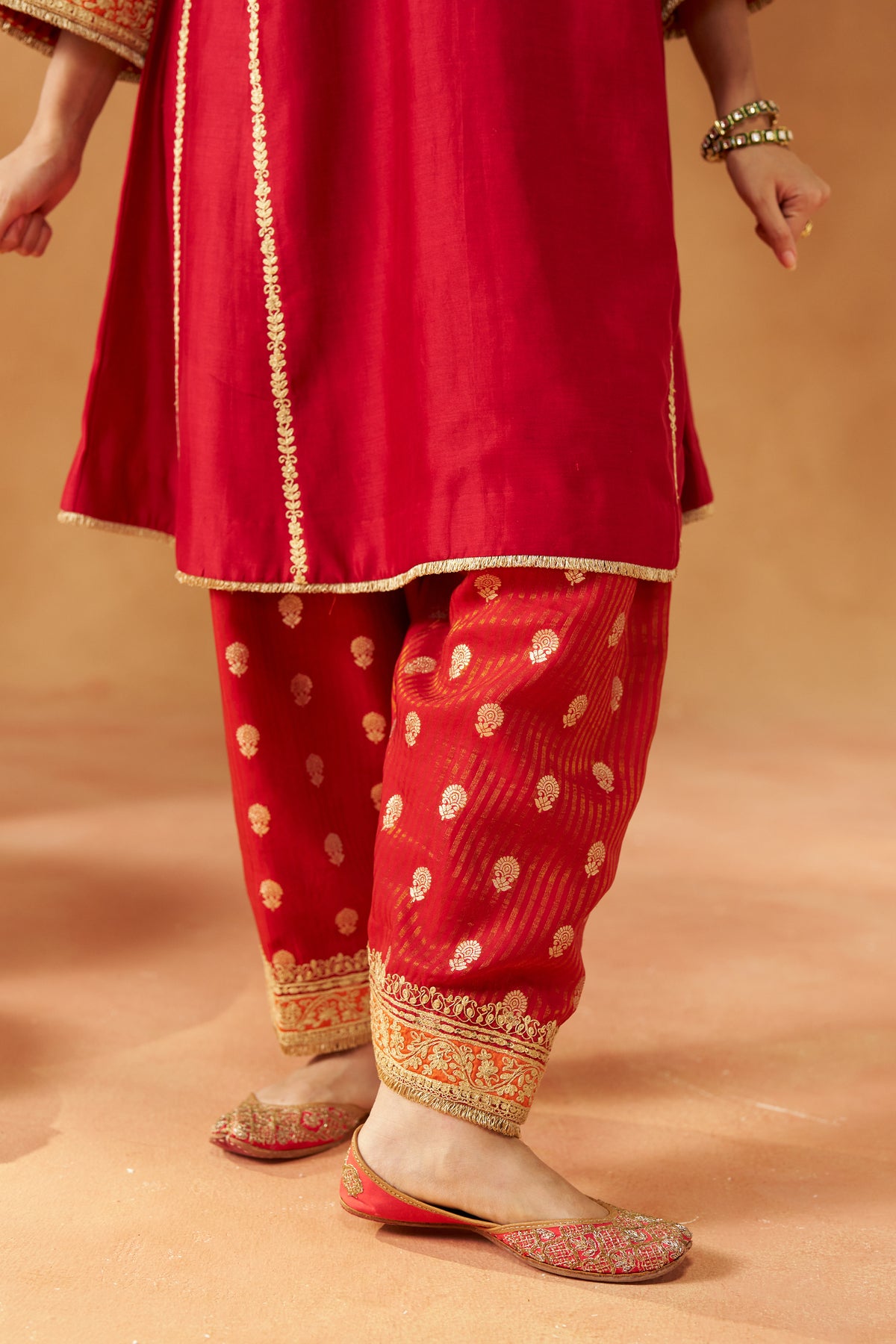Maahgul Deep Red Kalidaar Chauga with Salwar and Dupatta