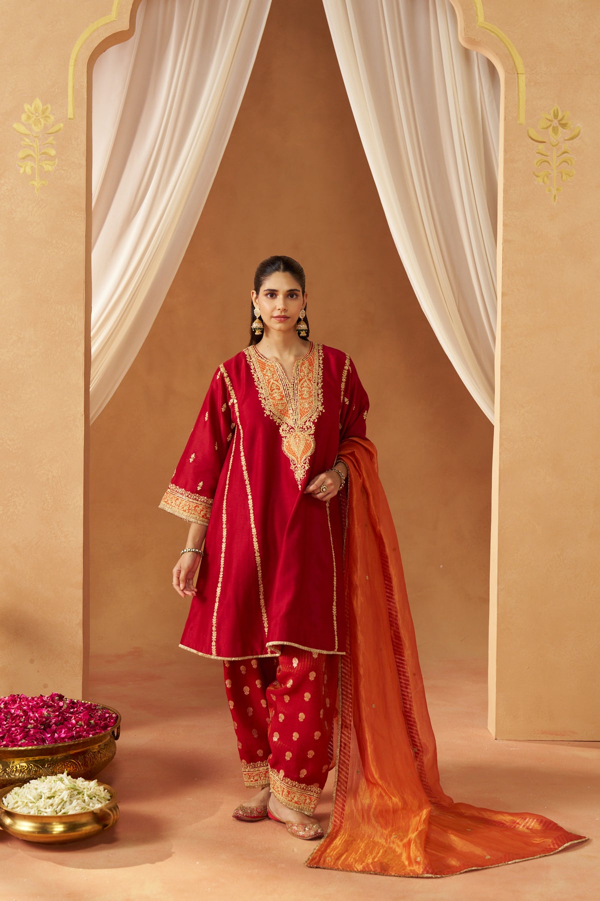 Maahgul Deep Red Kalidaar Chauga with Salwar and Dupatta