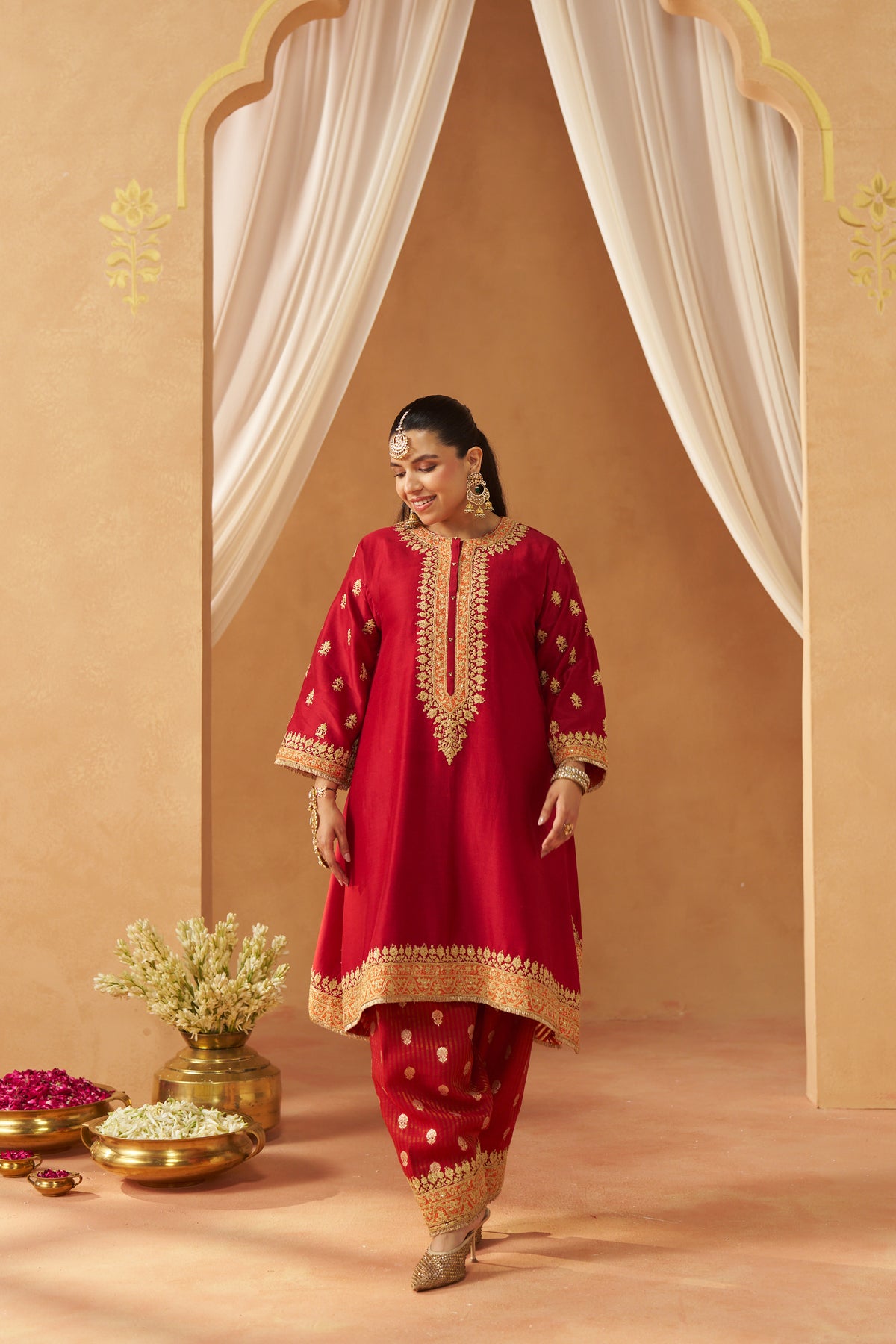 Zeenal Deep Red A-Line Kaaftan with Salwar and Dupatta