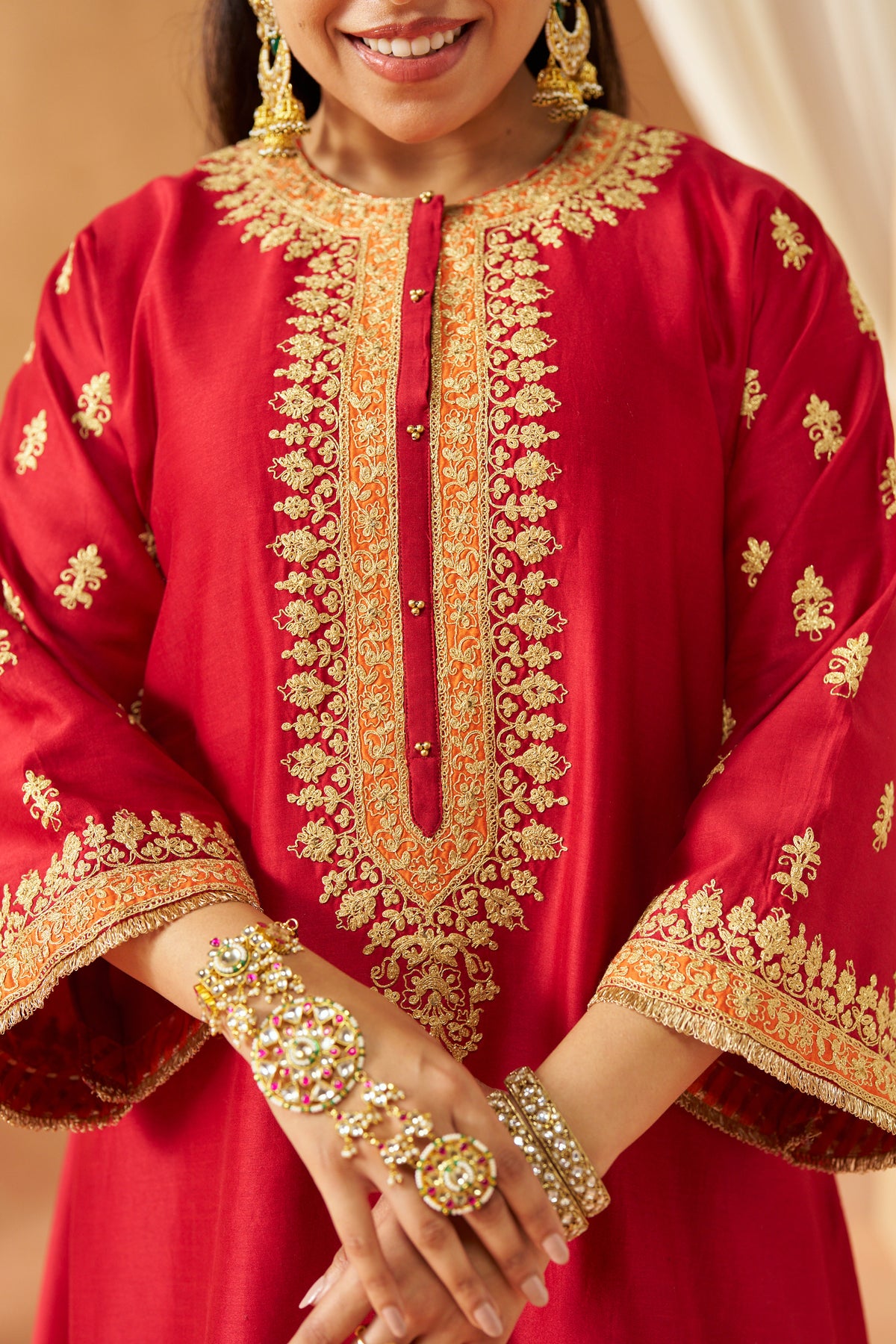 Zeenal Deep Red A-Line Kaaftan with Salwar and Dupatta