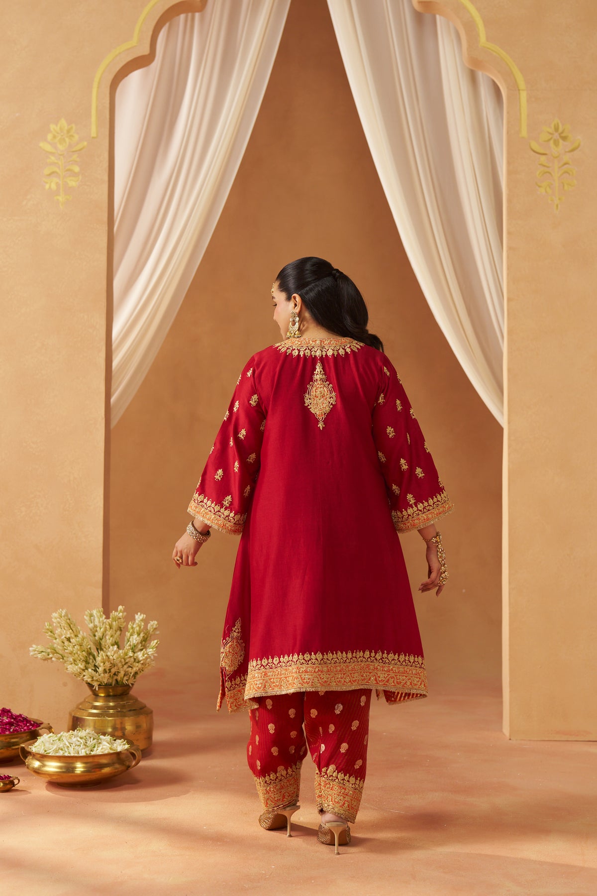 Zeenal Deep Red A-Line Kaaftan with Salwar and Dupatta