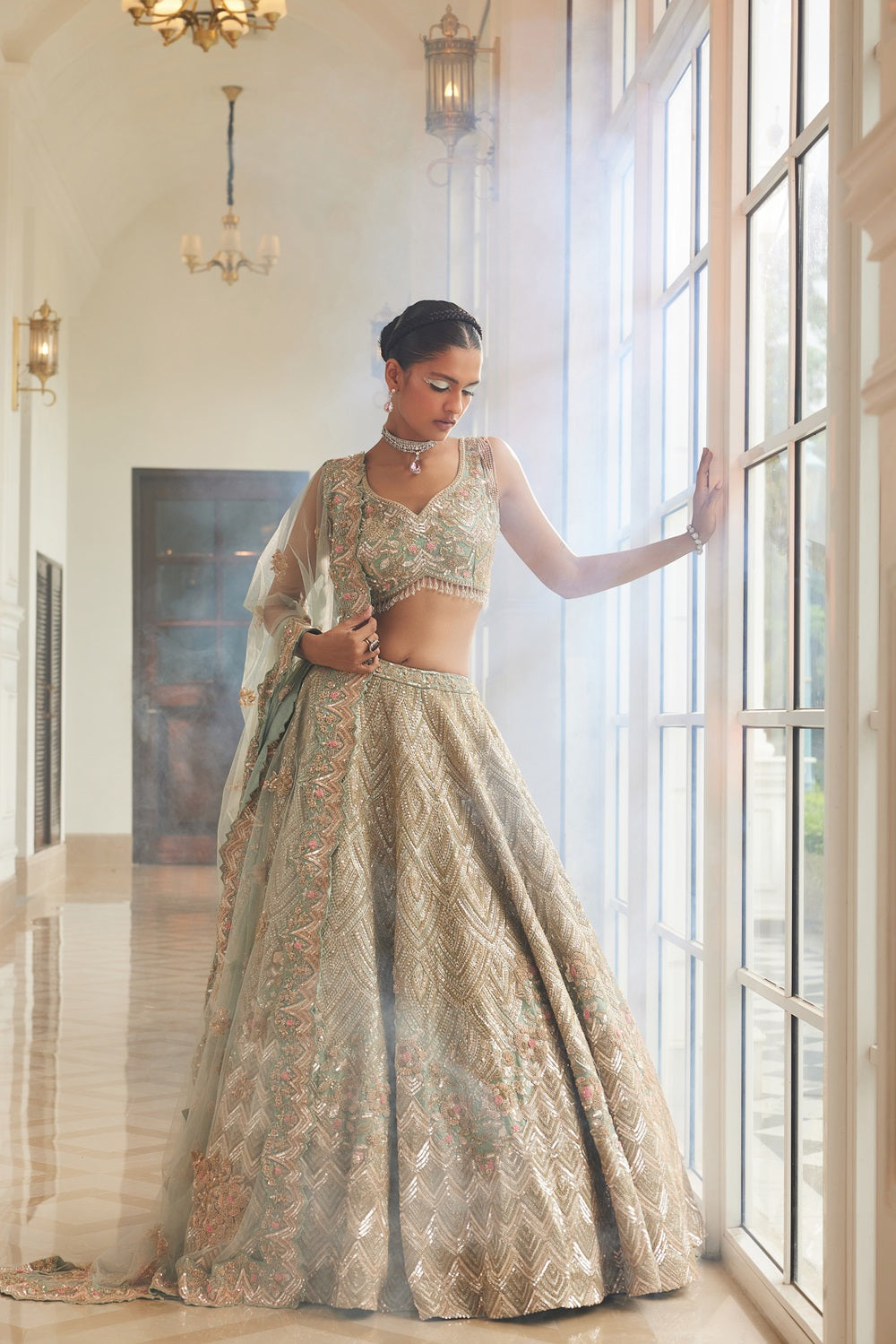Dusty Firoza embroidered lehenga