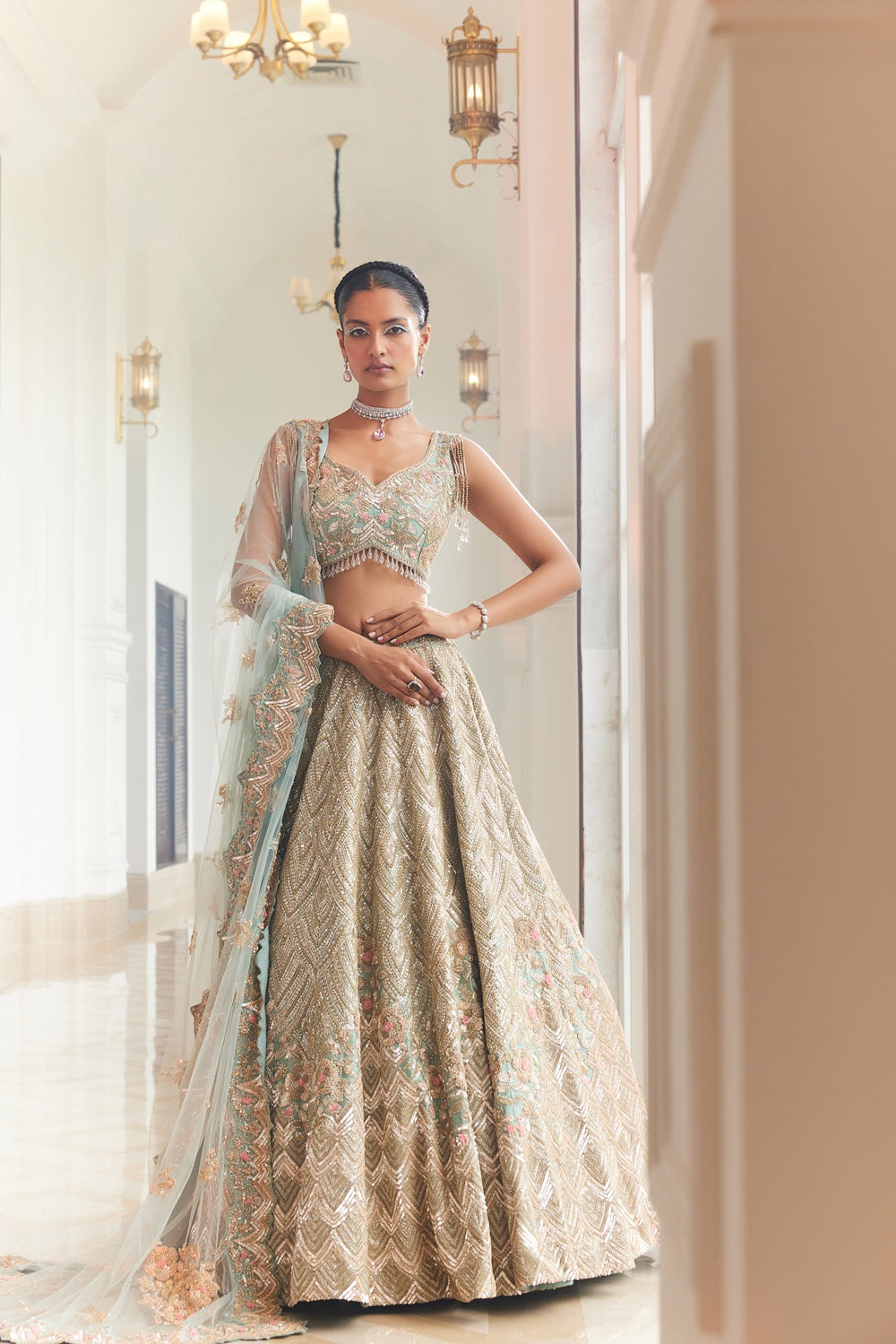 Dusty Firoza embroidered lehenga