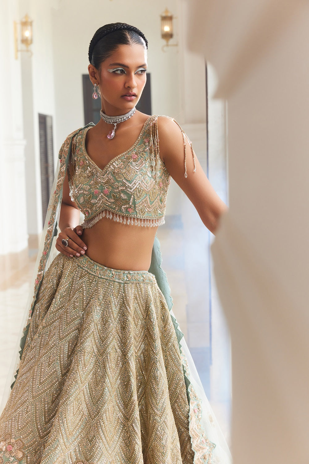 Dusty Firoza embroidered lehenga