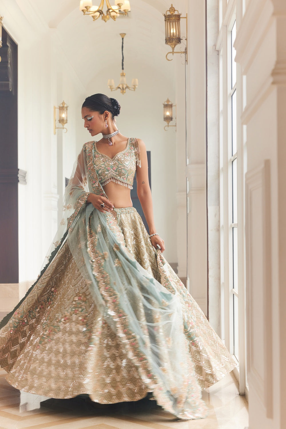 Dusty Firoza embroidered lehenga