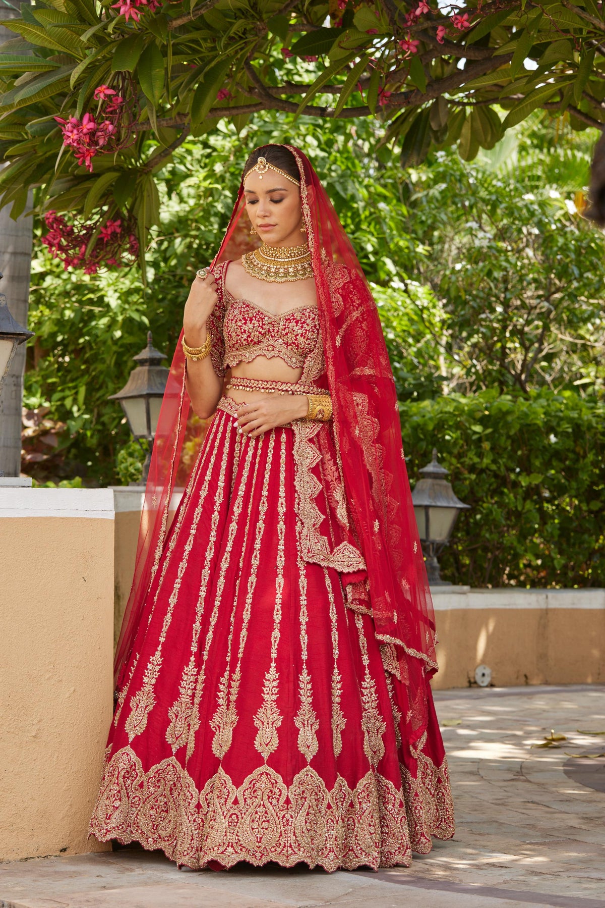 Cardinal Red Raw Silk Lehenga With Tulle Dupatta and Optional Second Dupatta