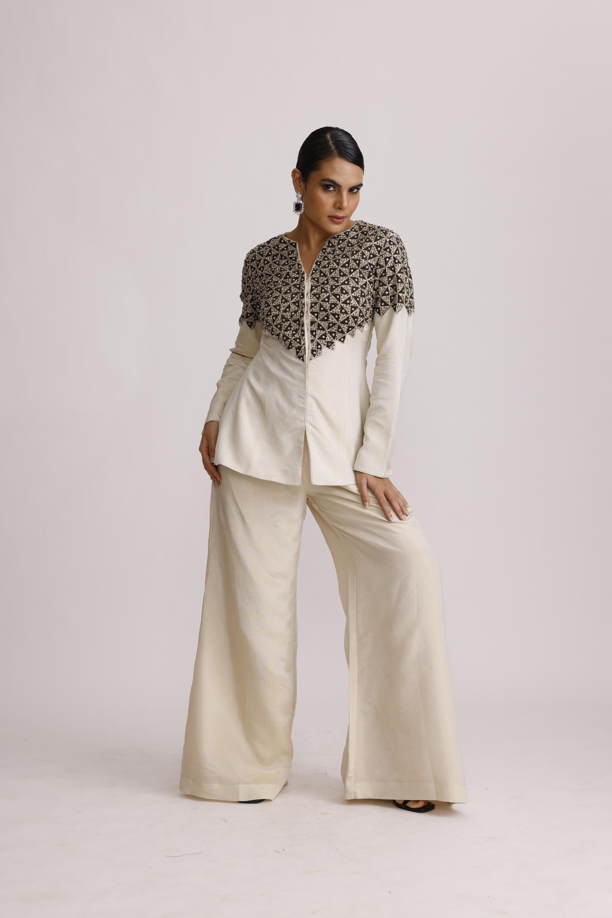 IVORY AJRAKH PATCH JACKET WITH STRAIGHT PANTS