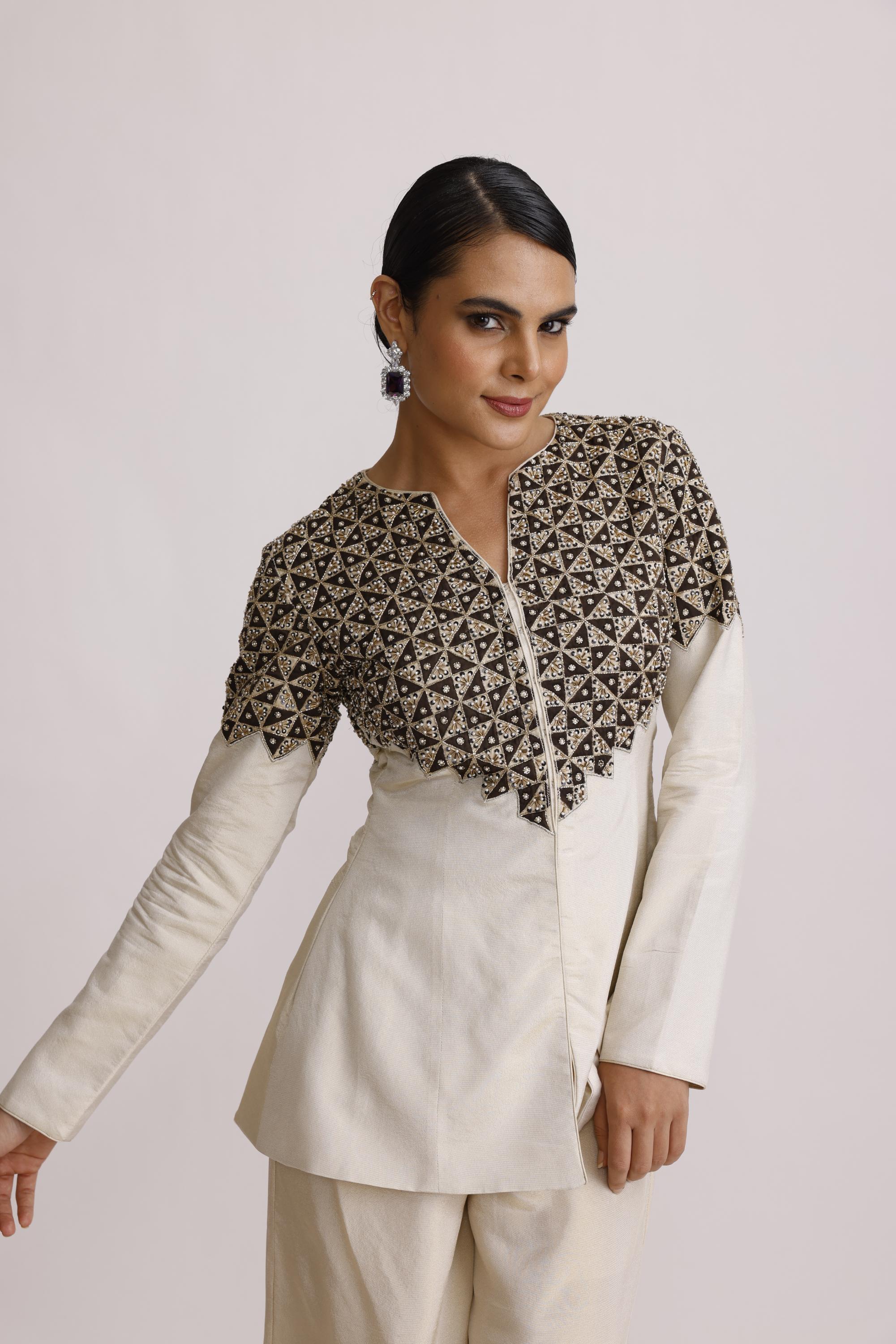 IVORY AJRAKH PATCH JACKET WITH STRAIGHT PANTS