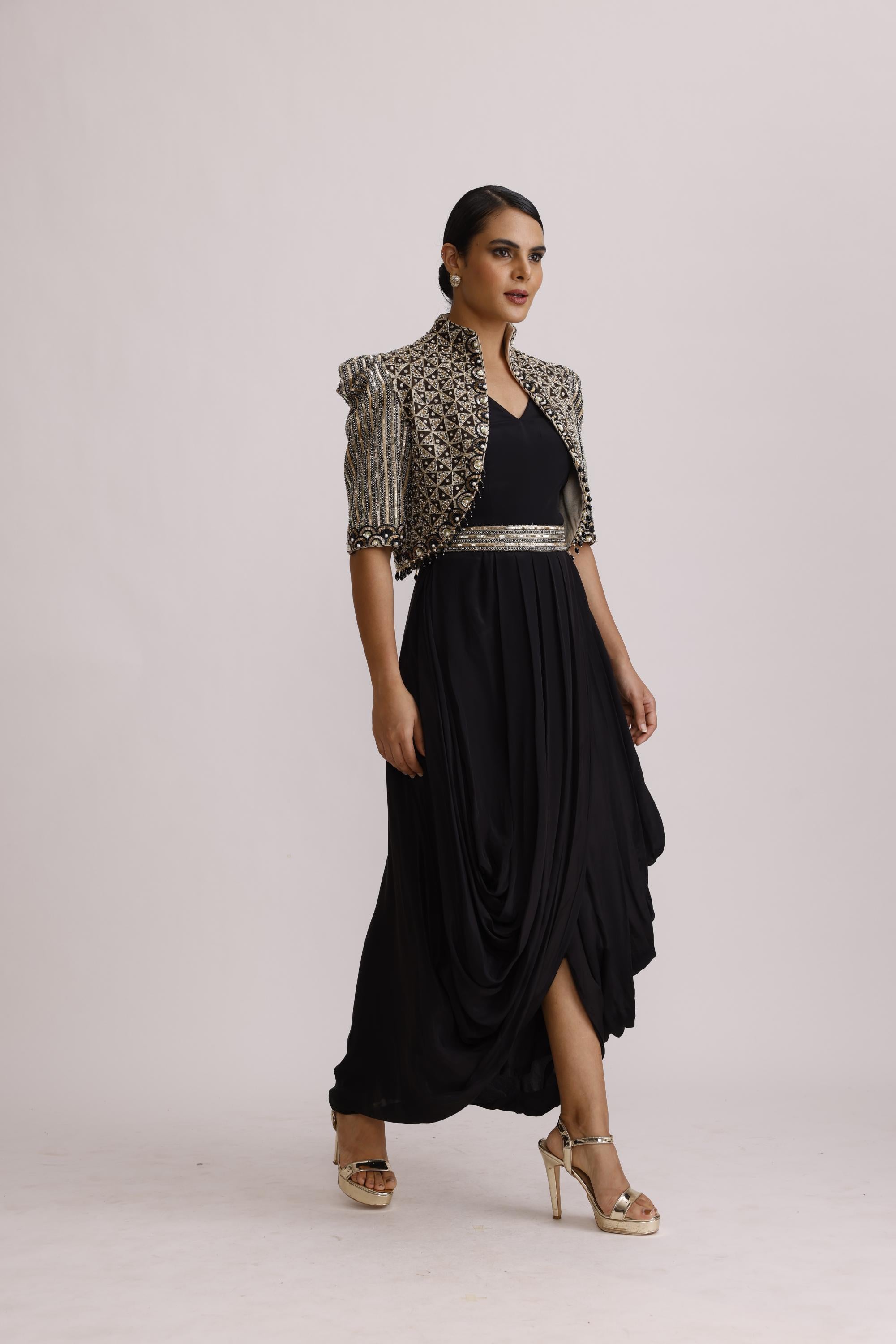 BLACK DRAPE TUNIC WITH BELT AND JACKET